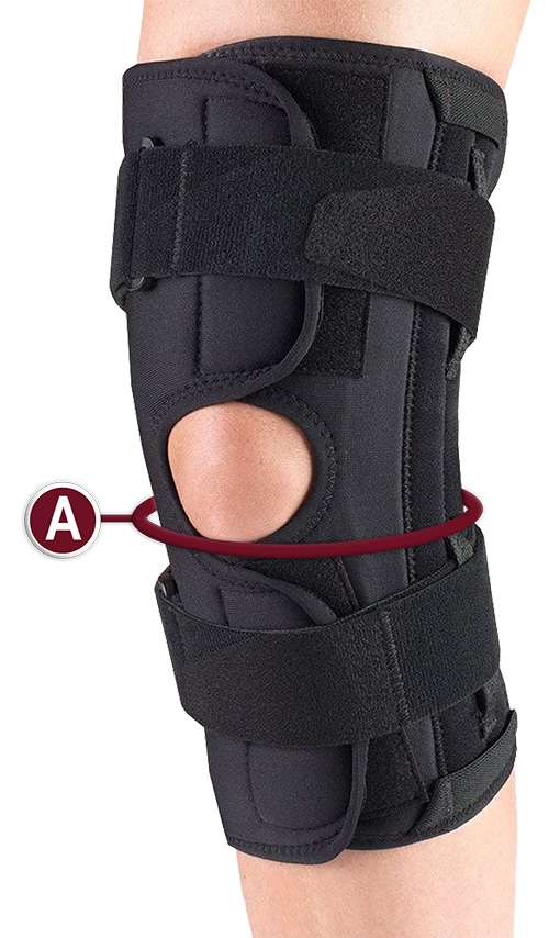Black OTC Orthotex 2542 knee stabilizer wrap worn on leg — front view with red callout A indicating measurement point around the bend of the knee for sizing, showing open patella cutout, bilateral spiral stays, and three hook-and-loop encircling straps