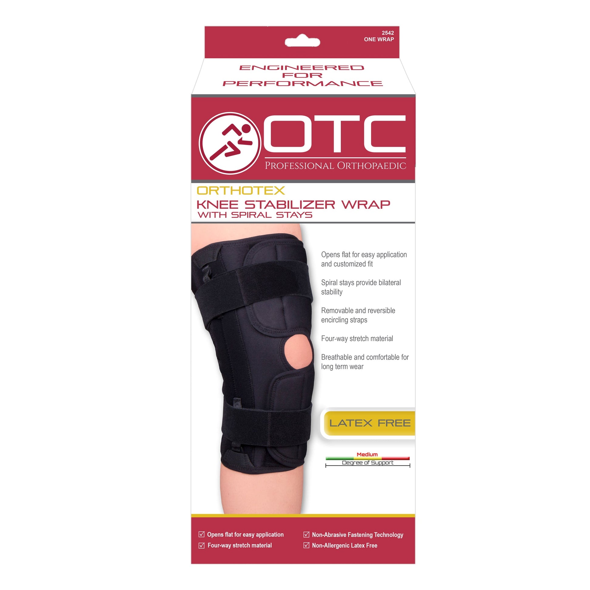 OTC Professional Orthopaedic Orthotex 2542 knee stabilizer wrap with spiral stays product box — front view showing black open-patella knee wrap on leg, latex free badge, medium degree of support indicator, and features including removable encircling straps, four-way stretch material, and non-abrasive fastening technology