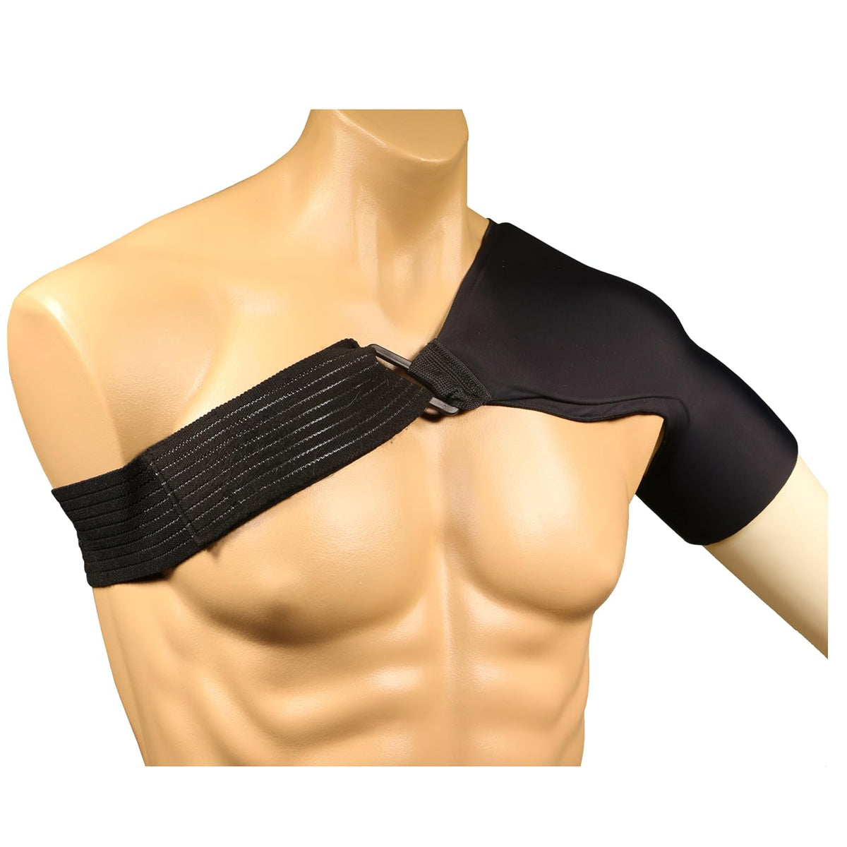 OTC 2564 black neoprene shoulder wrap with adjustable compression strap displayed on mannequin – front view showing full coverage and buckle detail – Must