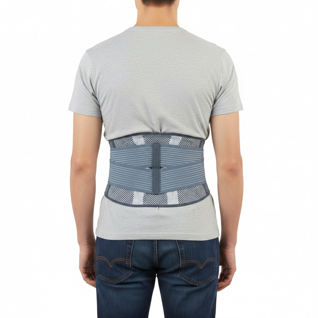 Rear view of OTC 2882 Theratex lumbosacral back support belt worn over grey t-shirt showing knit elastic panel, centre rigid stay, diagonal tension straps, and mesh ventilation panels
