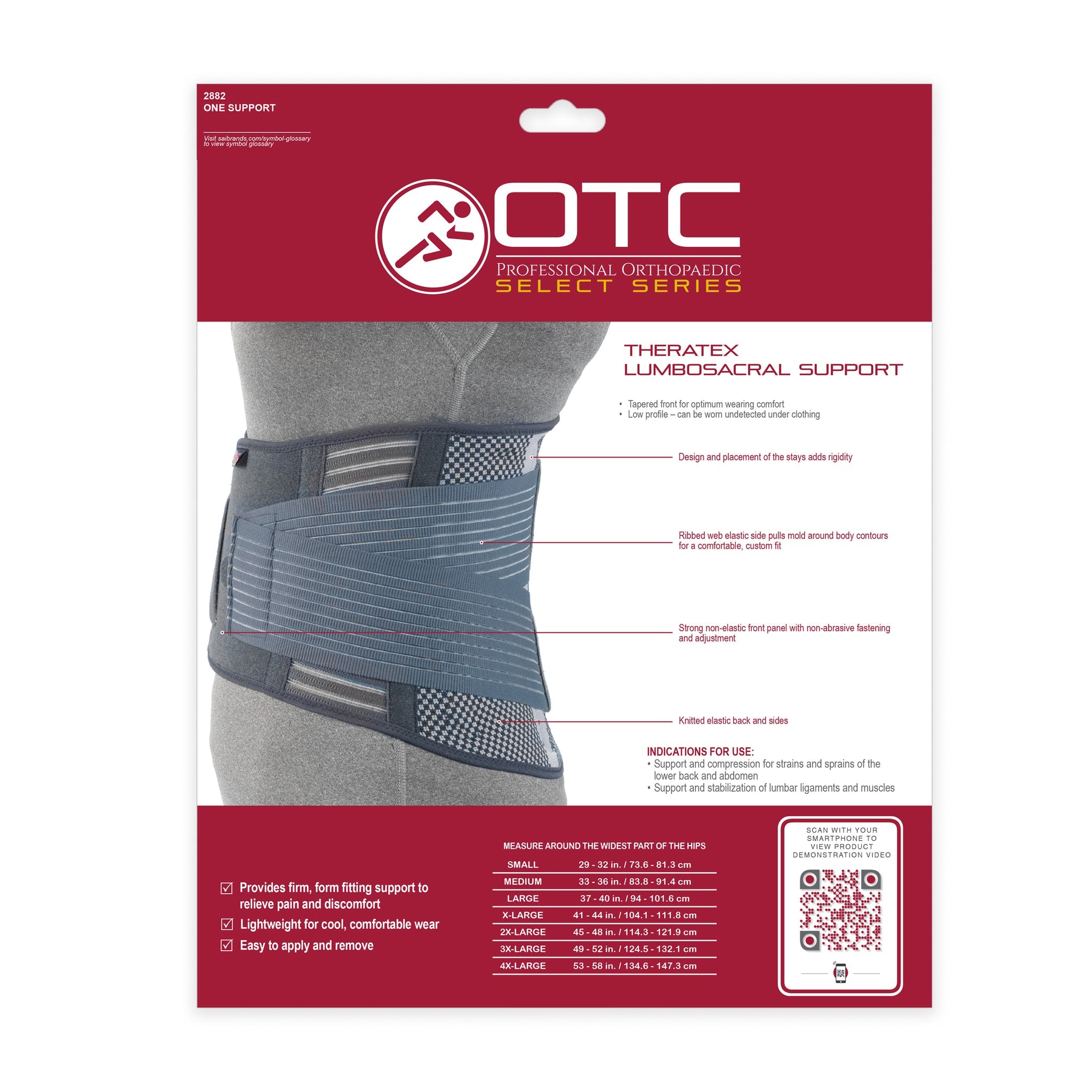 OTC 2882 Theratex Lumbosacral Support retail packaging back showing annotated feature callouts, Small to 4X-Large size chart, indications for use, and QR code for product video
