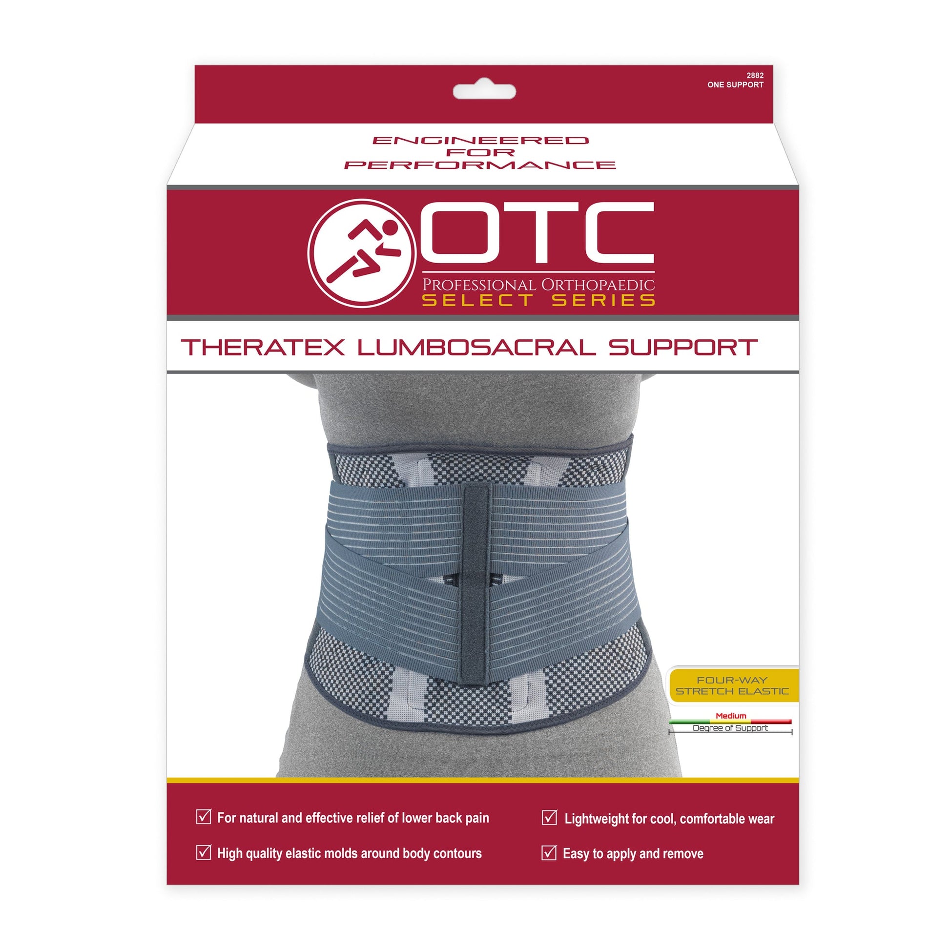 OTC Professional Orthopaedic Select Series 2882 Theratex Lumbosacral Support retail box showing belt on mannequin, four-way stretch elastic badge, medium support indicator, and feature callouts
