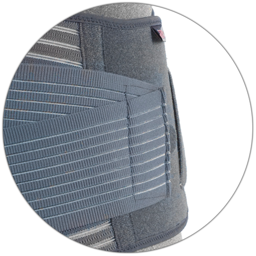 Close-up circle crop of OTC 2882 Theratex lumbosacral support showing ribbed elastic panel texture, vertical rigid stay channel, and overlapping front panel with velcro fastening in grey
