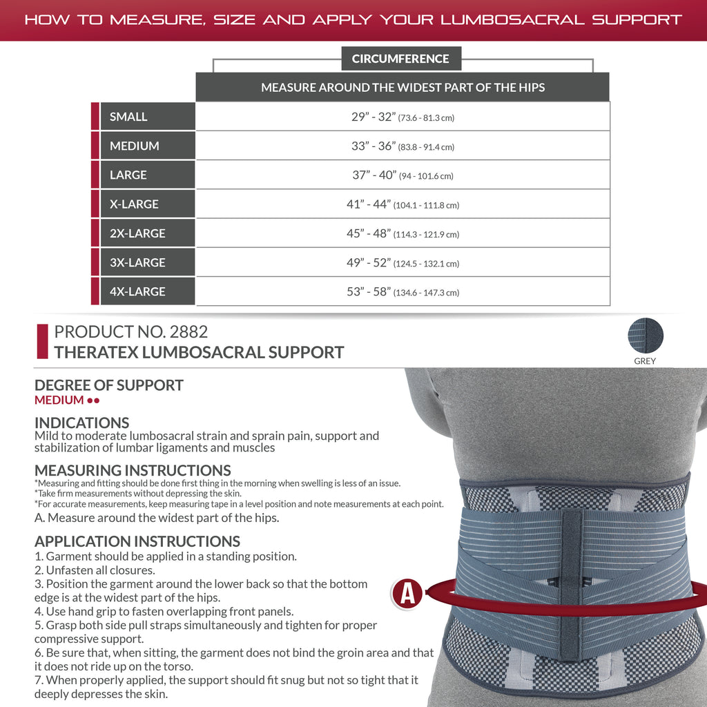 OTC 2882 Theratex Lumbosacral Support size chart showing Small to 4X-Large hip circumference measurements with measuring and application instructions and belt placement diagram
