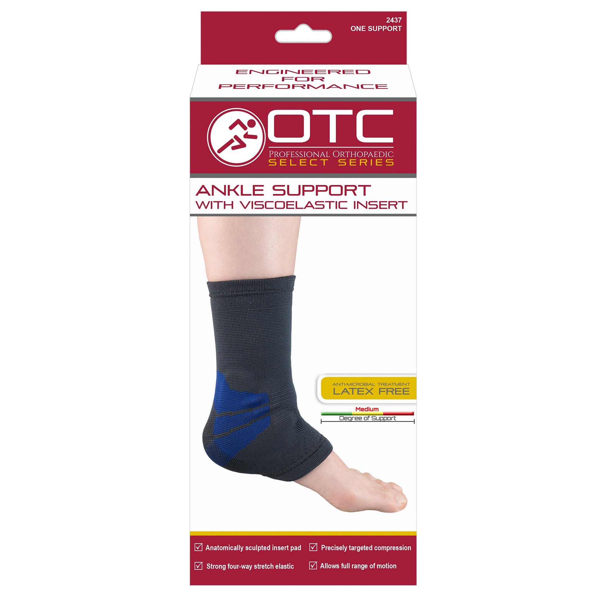 OTC Professional Orthopaedic Select Series ankle support with viscoelastic insert — latex free, medium degree of support, anatomically sculpted pad with four-way stretch elastic and targeted compression
