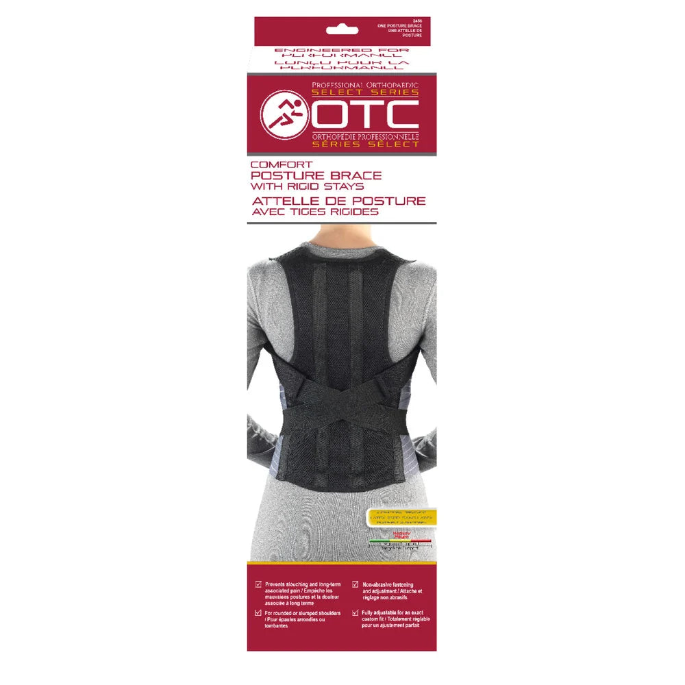 OTC Comfort Posture Brace with Rigid Stays – retail packaging box in burgundy and white showing product name in English and French, OTC Professional Orthopaedic Select Series branding, and rear-view model wearing the black brace on white background