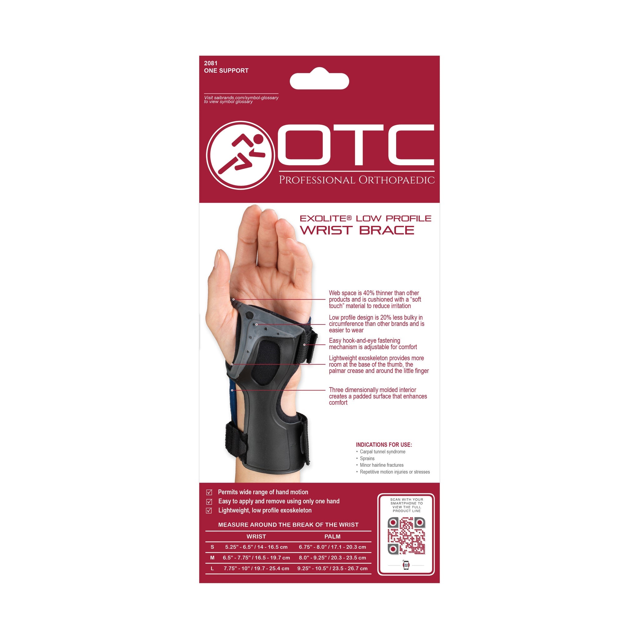 OTC Professional Orthopaedic Exolite Low Profile Wrist Brace retail packaging showing brace worn on hand, feature callouts, carpal tunnel indications, and sizing chart
