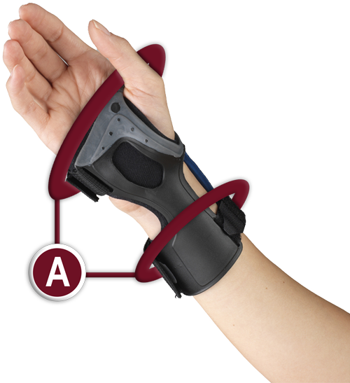 OTC Exolite wrist brace worn palm-up with red annotation circles highlighting open web space design and thin low-profile fit allowing full finger mobility
