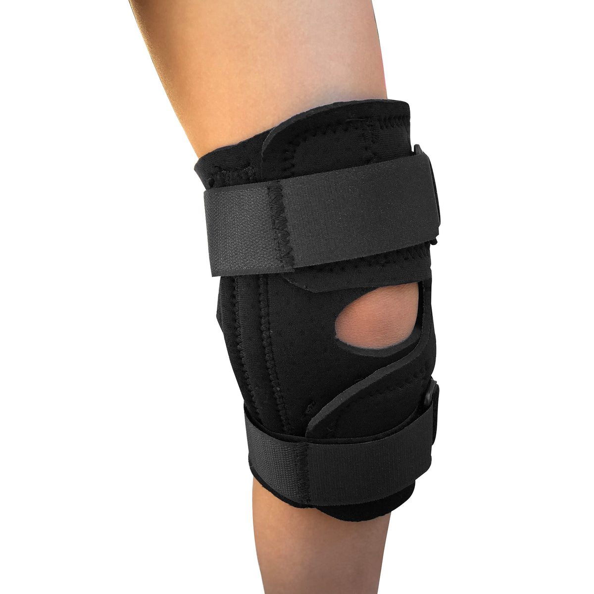 OTC KidsLine 0324 adjustable pediatric knee wrap with open patella and dual velcro straps, black neoprene, worn on child's knee – Must
