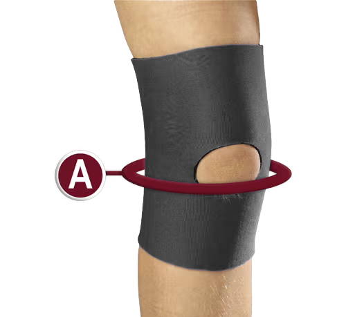 Sizing measurement point A around the knee for OTC KidsLine pediatric open patella knee support sleeve – Must