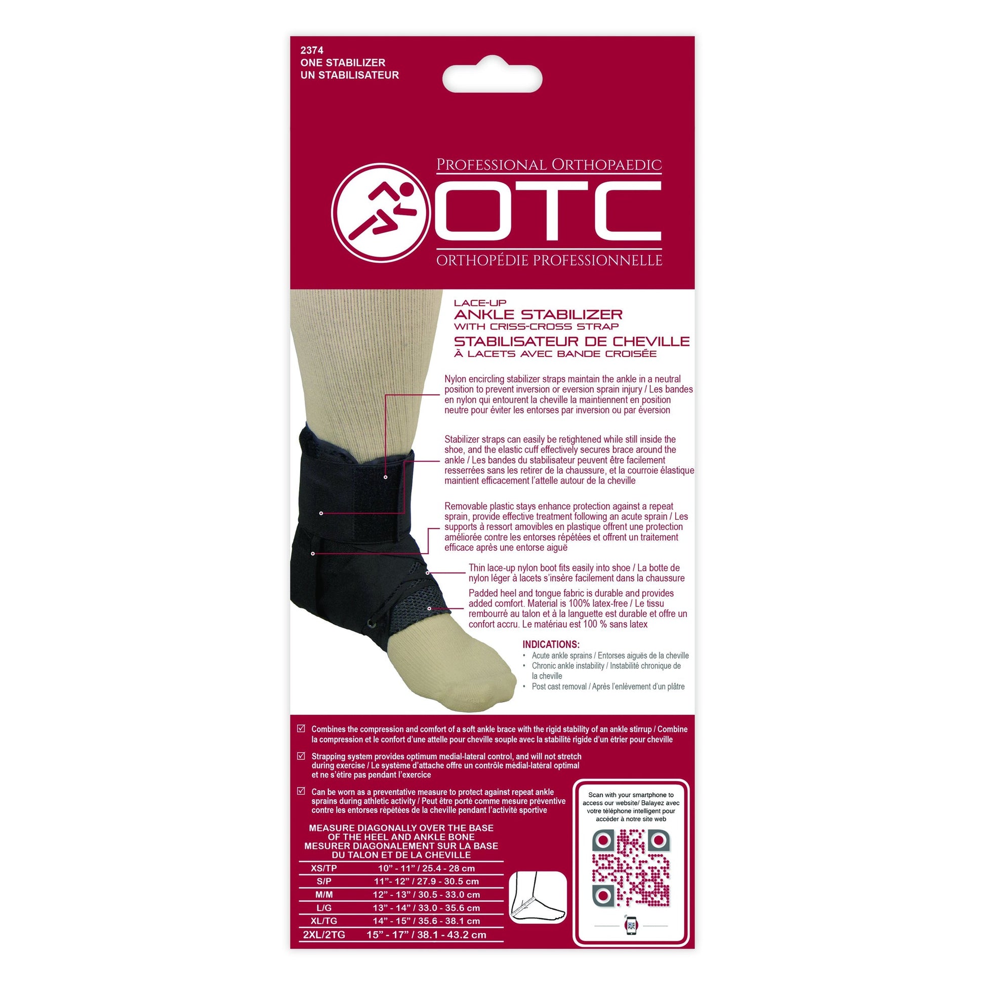 OTC Professional Orthopaedic lace-up ankle stabilizer 2374 back of box — bilingual English and French packaging showing sizing chart XS to 2XL, indications, and product features including removable plastic stays and latex-free padded heel