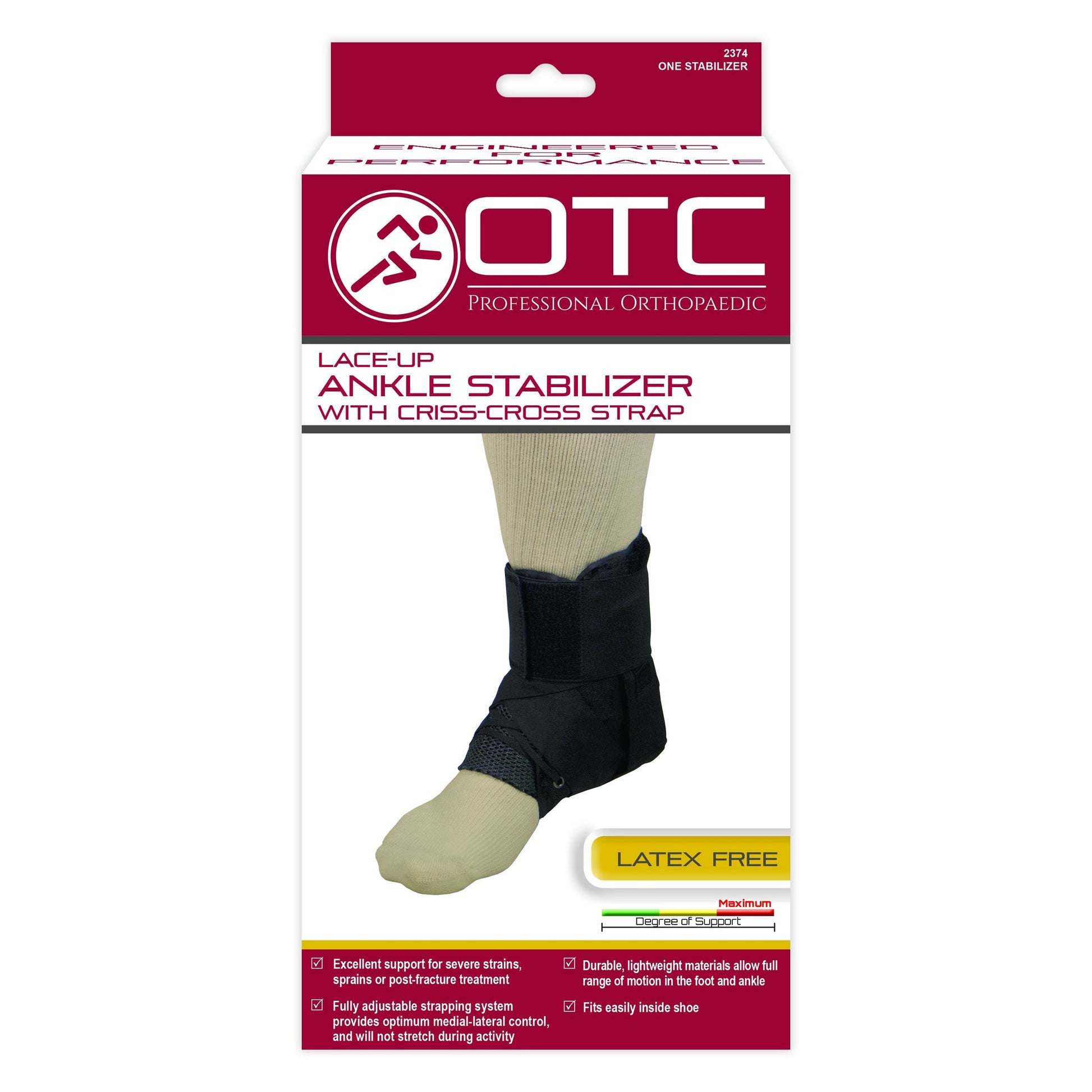 OTC Professional Orthopaedic lace-up ankle stabilizer with criss-cross strap — latex free, maximum degree of support, fully adjustable strapping system fits inside shoe