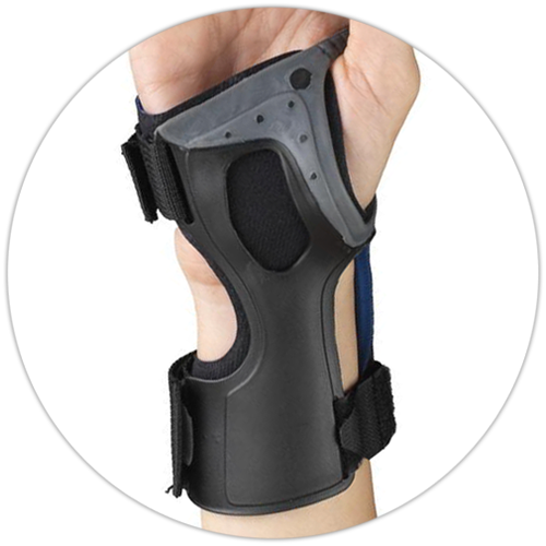 Close-up back-of-hand view of OTC low profile wrist brace showing rigid dorsal shell, grey padding, blue lateral stay, and two velcro closure straps

