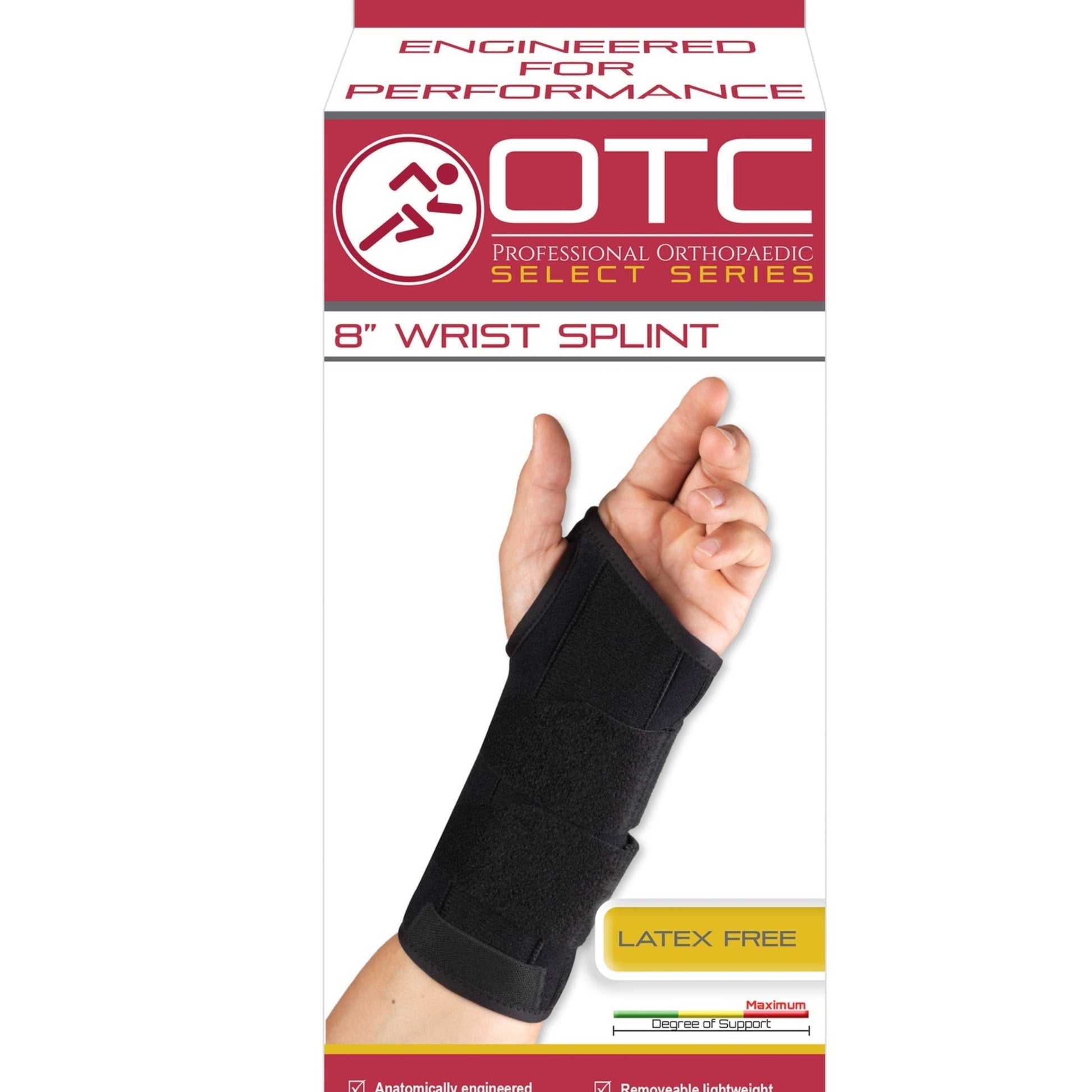 OTC Professional Orthopaedic Select Series 8" wrist splint 2383 product box — front view showing black wrist brace worn on hand, latex free badge, maximum degree of support indicator, and features including removable preshaped metal splint and non-abrasive fastening