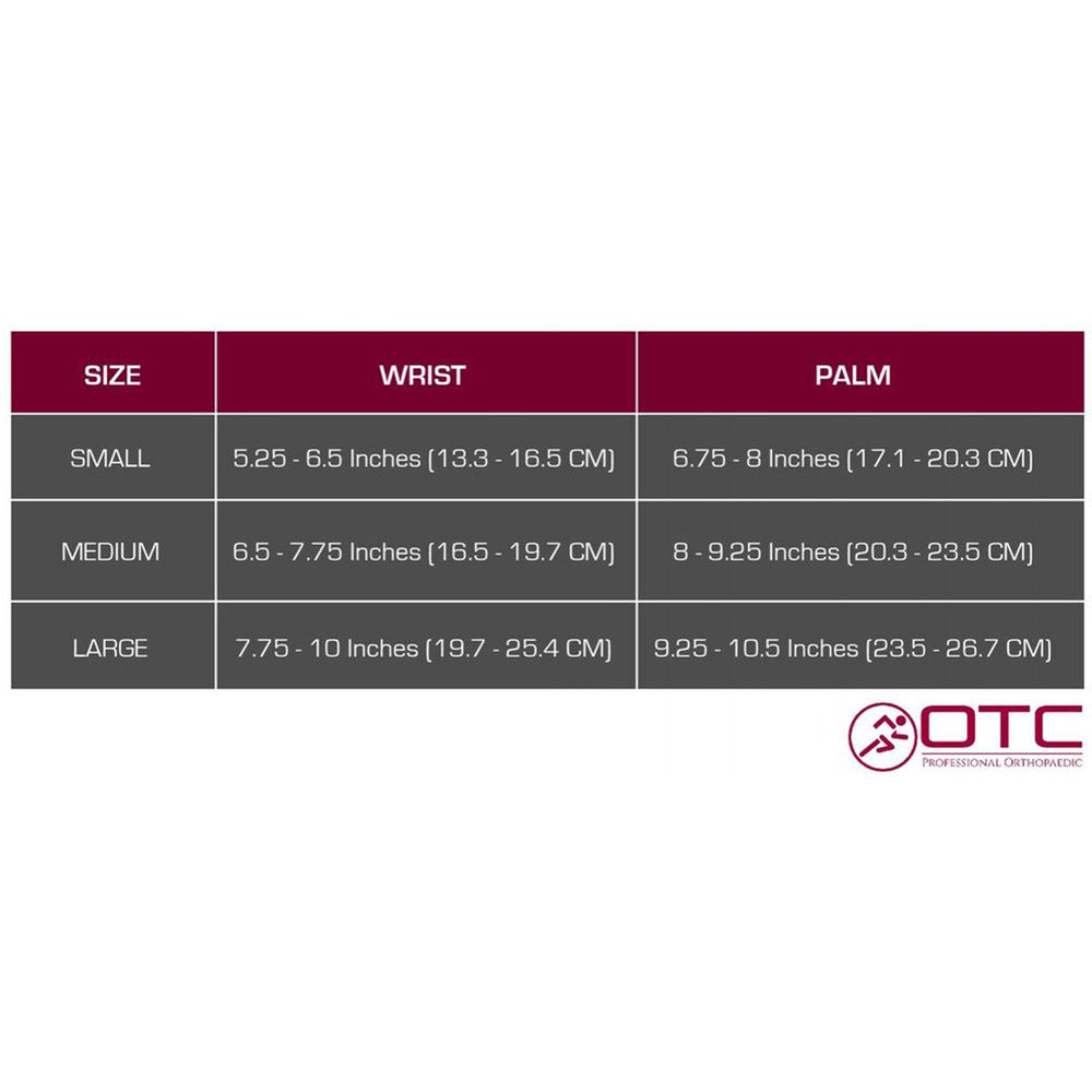 OTC Professional Orthopaedic wrist brace size chart showing Small, Medium, and Large wrist and palm measurements in inches and centimetres
