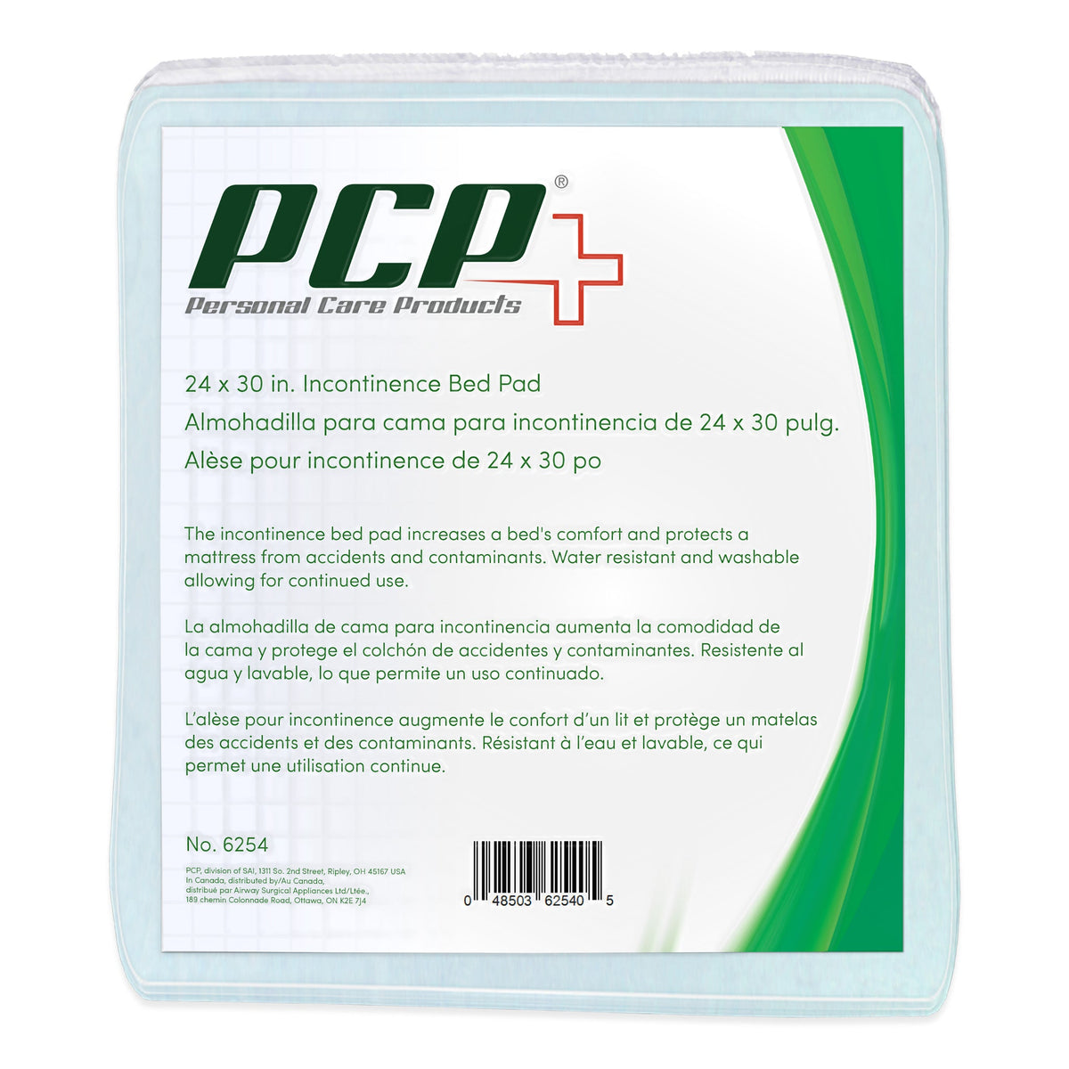 PCP Personal Care Products No. 6254 reusable washable bed pad 24x30 inches – water-resistant, trilingual packaging in English, Spanish, and French – Must