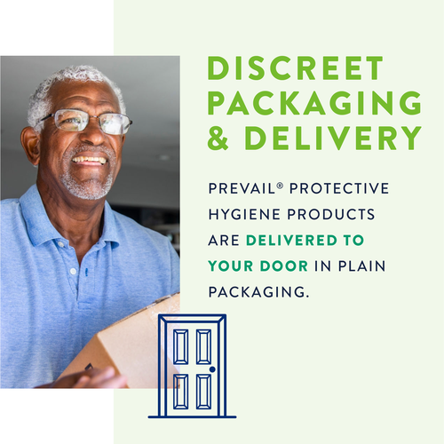 Prevail Total Care Underpads discreet packaging and delivery feature graphic showing older adult receiving plain box home delivery at the door
