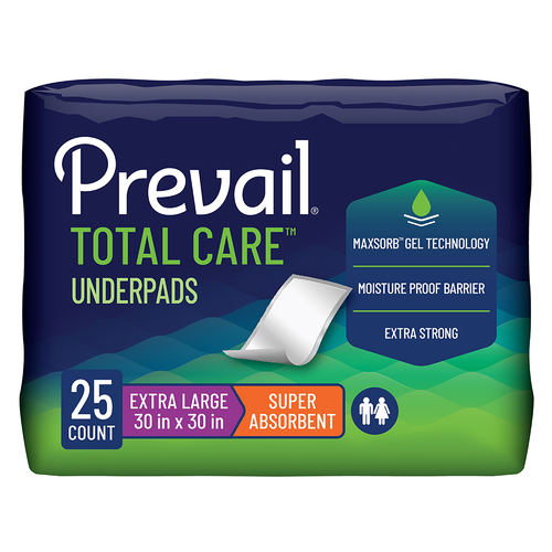 Prevail Total Care Underpads Extra Large 30x30 inch 25-count package with MaxSorb Gel Technology, moisture proof barrier, and super absorbent features
