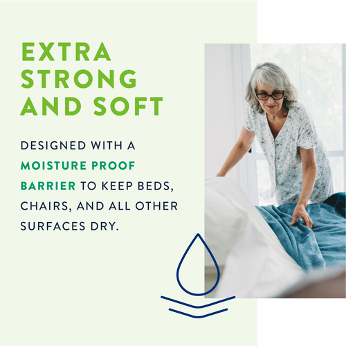 Prevail Total Care Underpads feature graphic showing extra strong and soft moisture proof barrier design, with older adult making a bed in background
