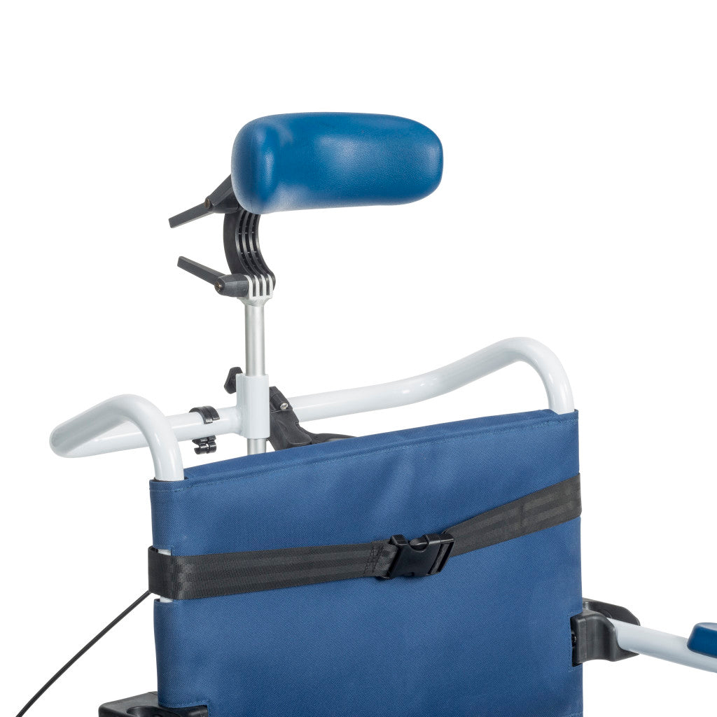 Close-up of rehab shower chair adjustable blue padded headrest with tilt mechanism, push-button height adjustment, and safety harness strap with buckle