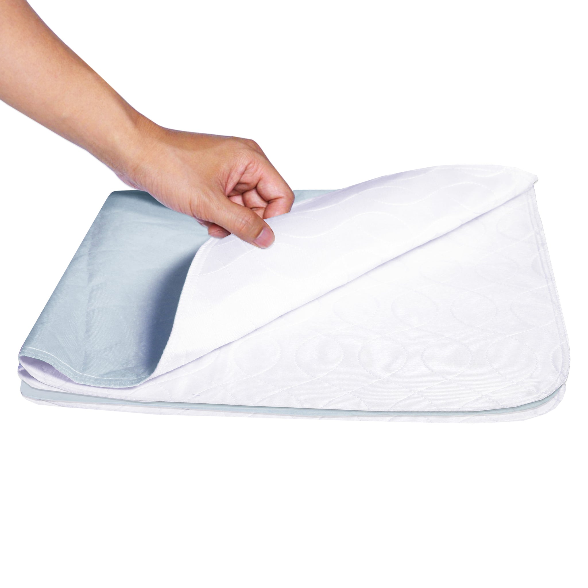 Reusable washable bed pad folded showing white absorbent top layer and blue waterproof backing – hand peeling back corner to reveal layers – Must

