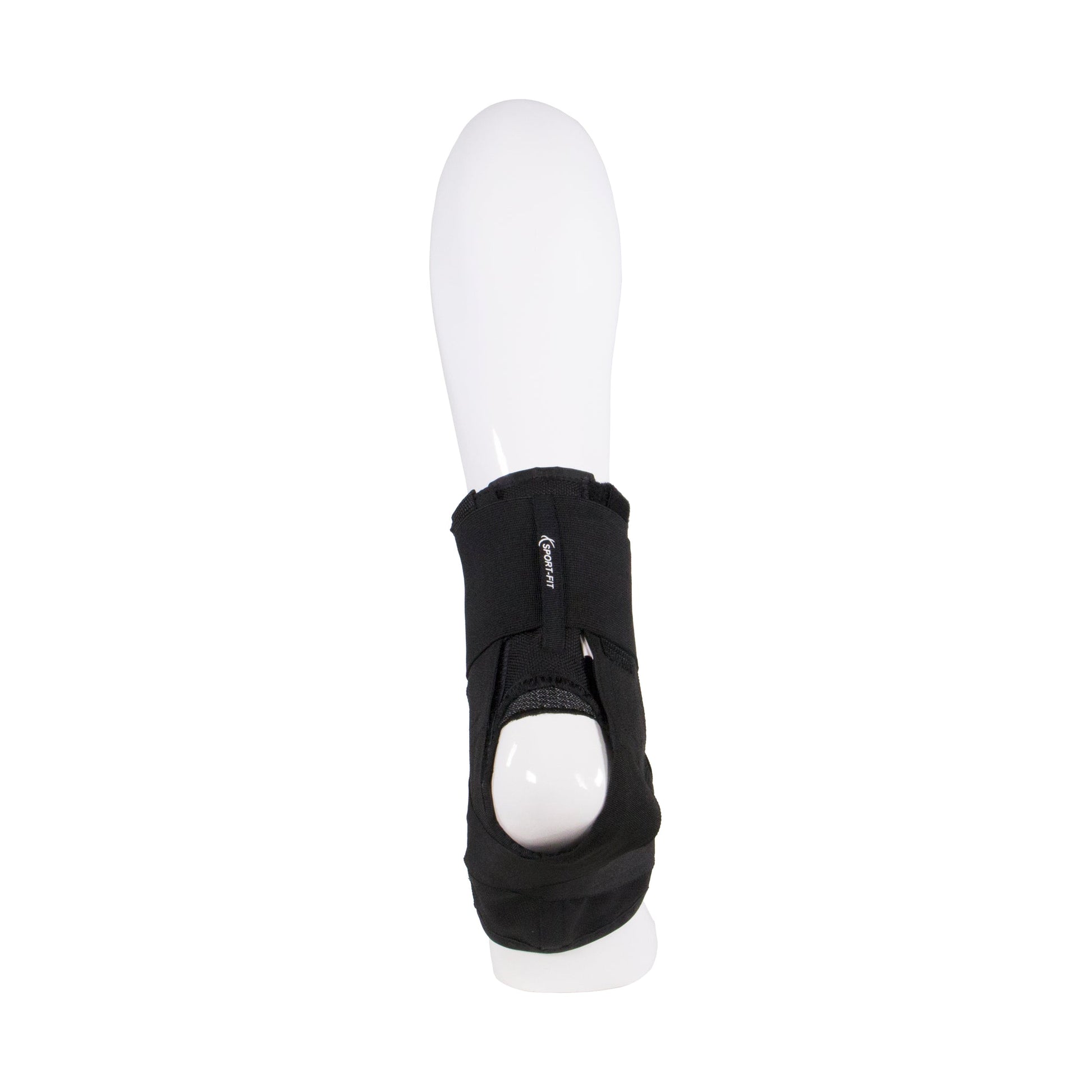 Sport-Fit black neoprene ankle brace with open-heel cutout and velcro closure shown on mannequin leg — bottom view displaying structured heel cup, lace-up channel, and full ankle wrap coverage