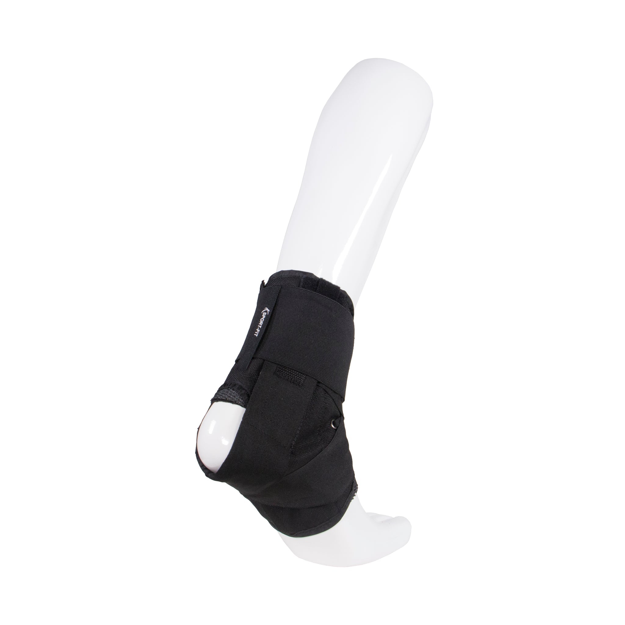 Sport-Fit black neoprene ankle brace with velcro closure and lace-up design shown on mannequin leg — side view displaying full heel and ankle coverage with structured lateral support