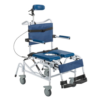 Tilting aluminum rehab shower commode chair 3/4 front view in upright position with adjustable headrest, padded blue backrest, safety harness, open commode seat, armrests, leg rest, foot supports, and locking casters — available at Must in Metro Vancouver