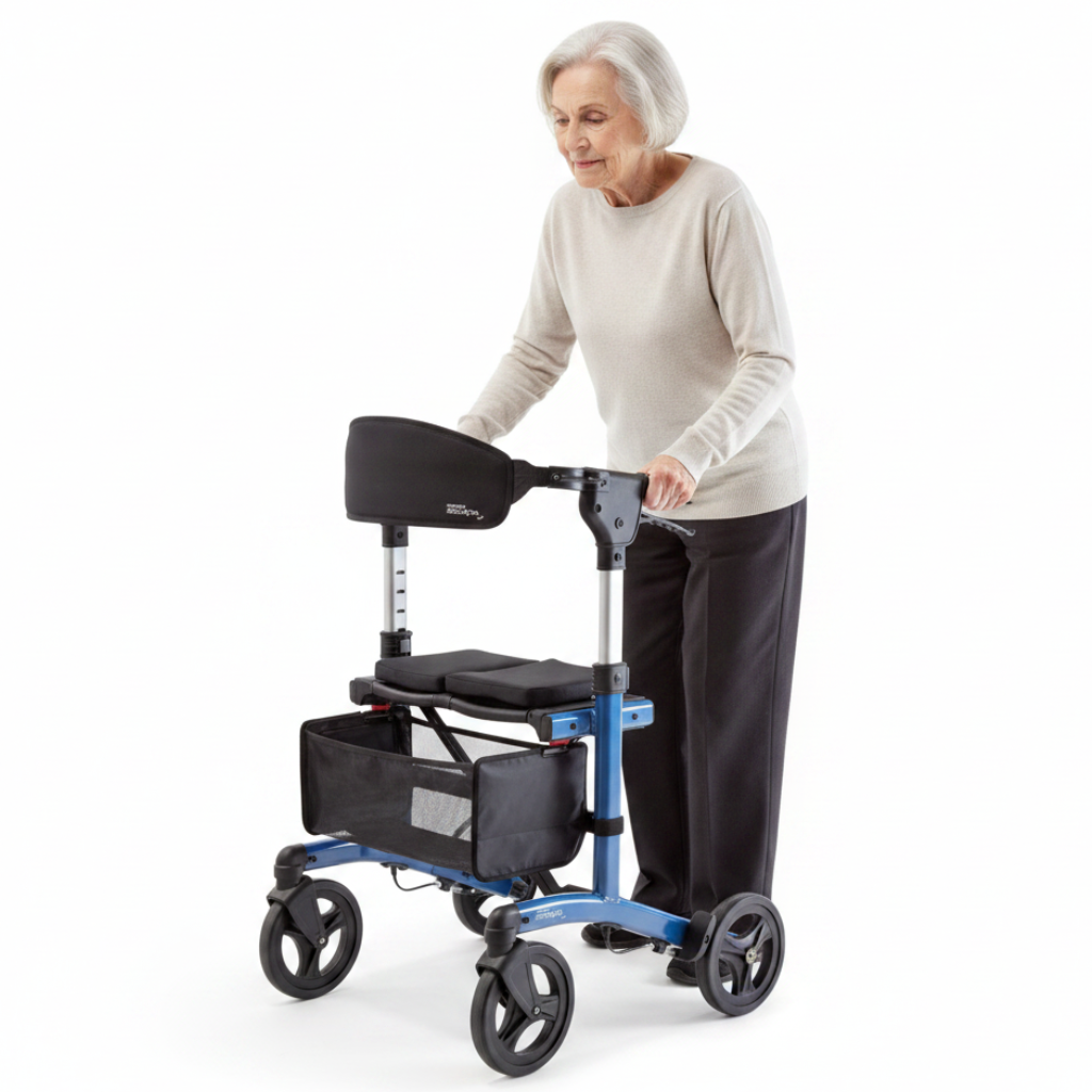 Blue Triumph Escape rollator walker with padded seat, hand brakes and storage pouch, shown in use