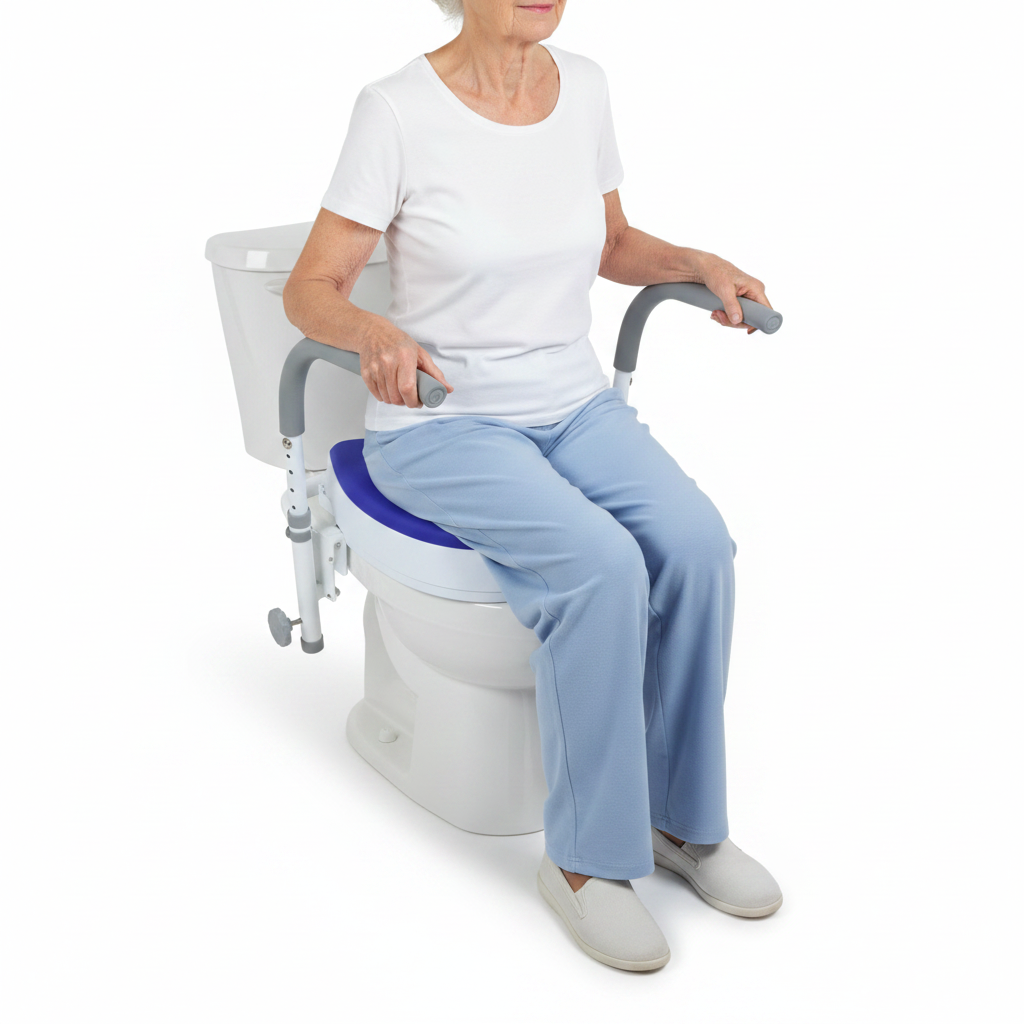 An older woman wearing a white t-shirt and light blue pants sits on a white toilet with a blue cushion, gray armrests, and a white storage bin. The photo is taken against a clean white background.