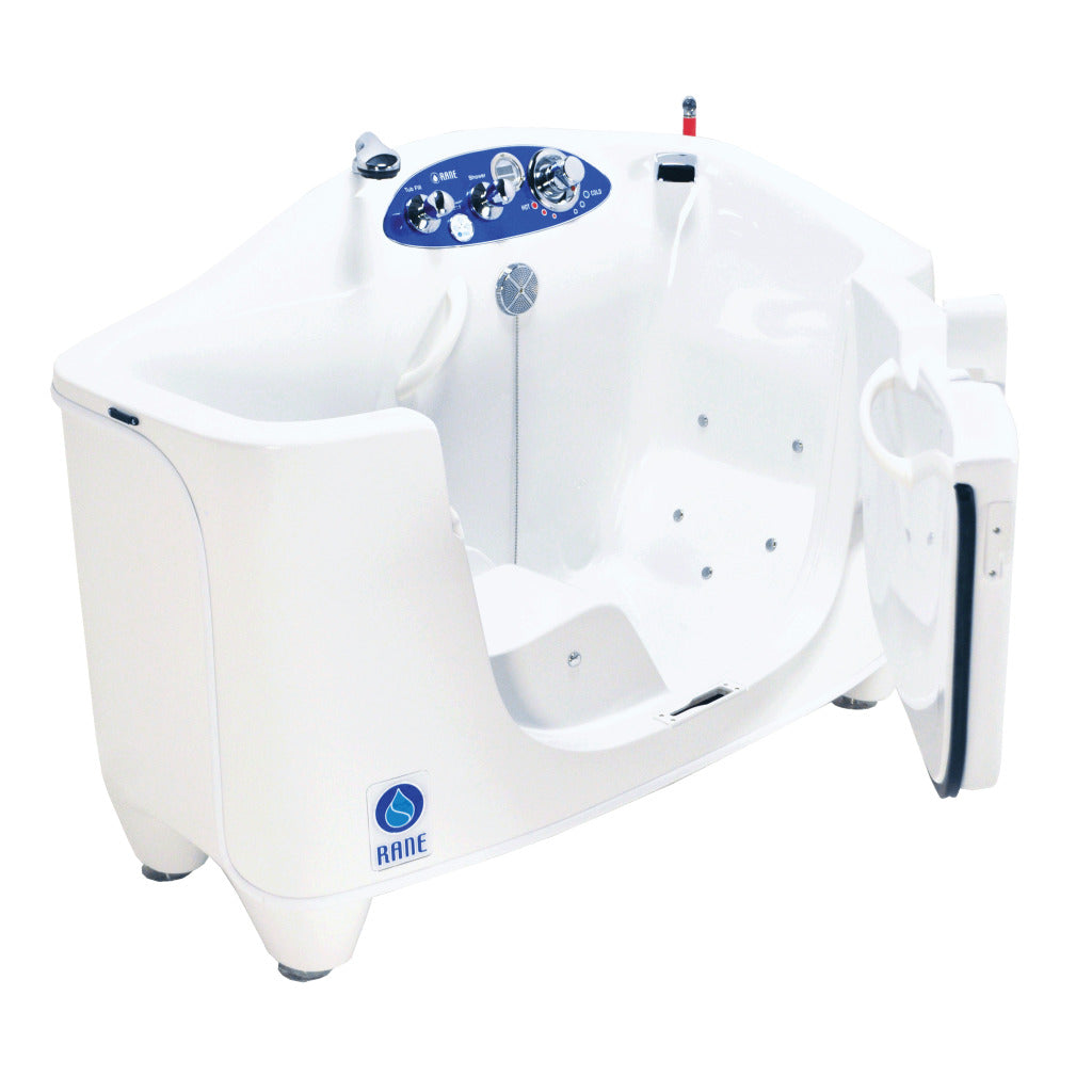 Rane walk-in bathtub with hydrotherapy jets, open side entry door, and blue control panel, white finish — available at Must in Metro Vancouver
